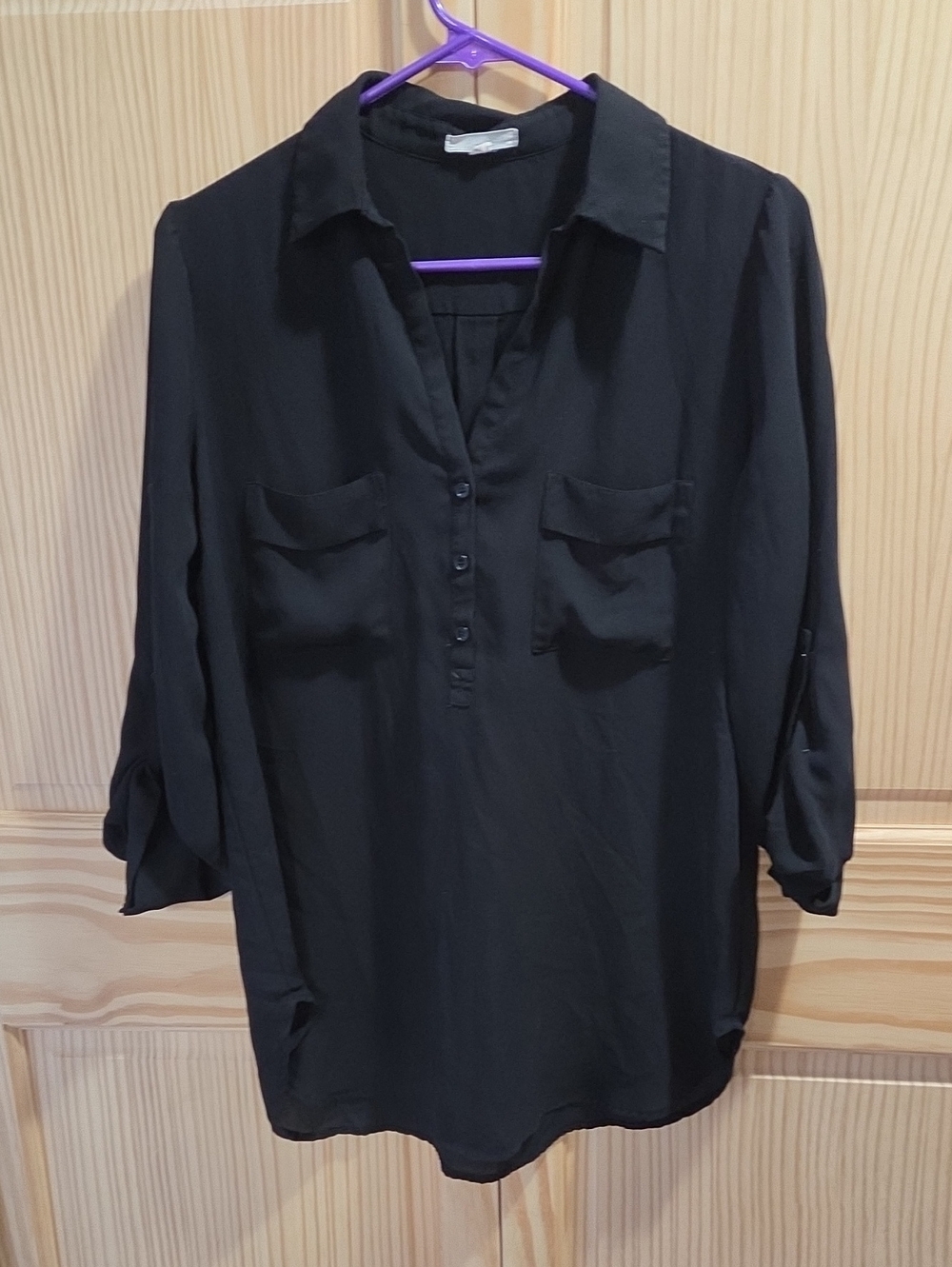 Pleione Black Button-Front Blouse with Chest Pockets